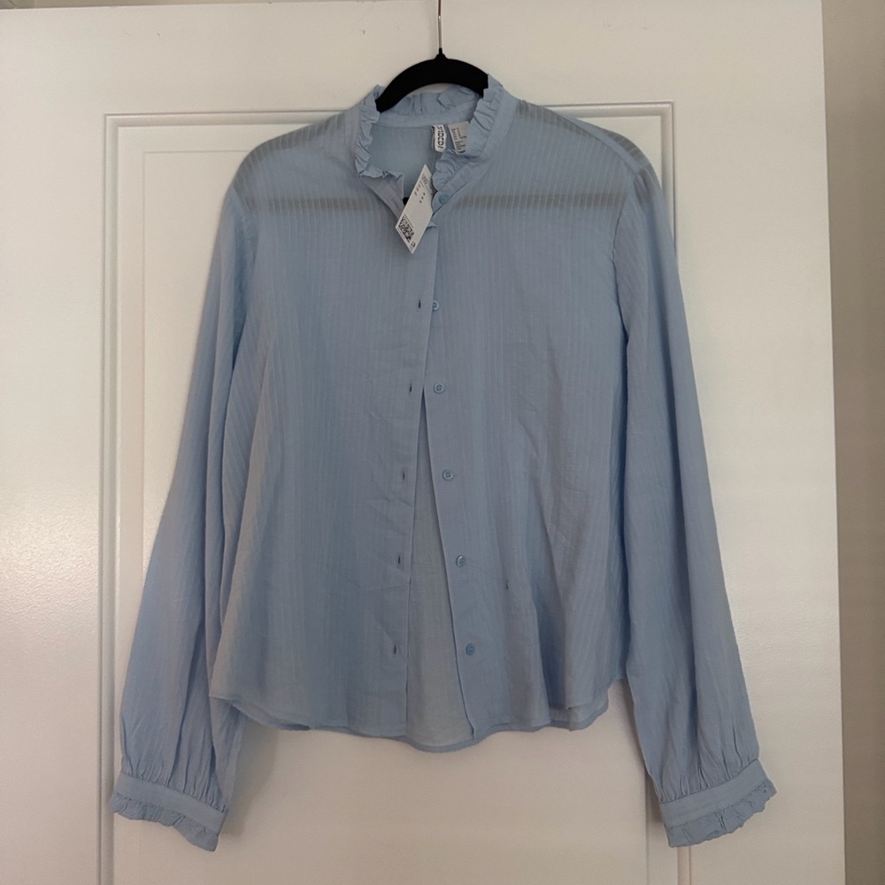H&M Light Blue Ruffled Collar Long-Sleeve Shirt